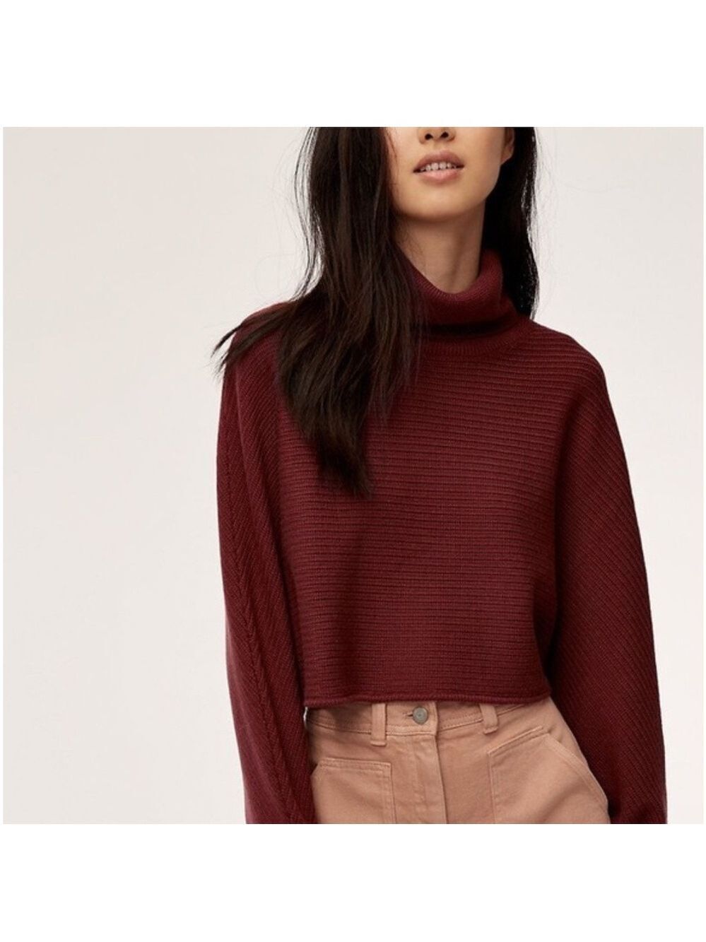 Aritzia Wilfred Free Naomi Cropped Turtleneck Sweater 100% wool brown  Size M